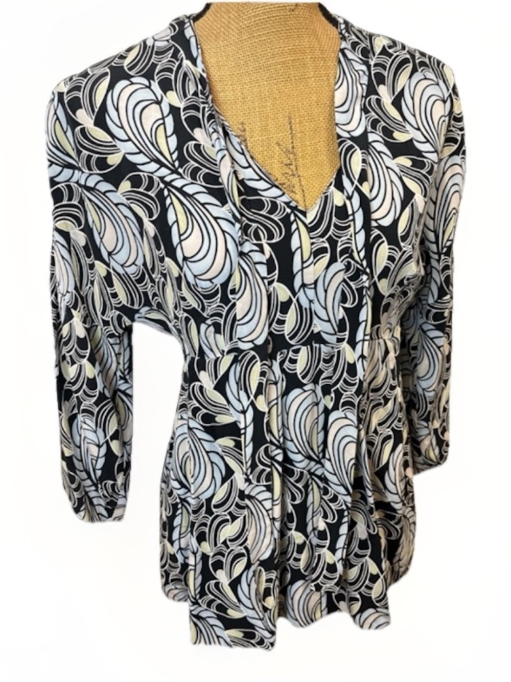 Nine West 100% Silk Pleated Print Blouse Retro Dolman Sleeves Size Small